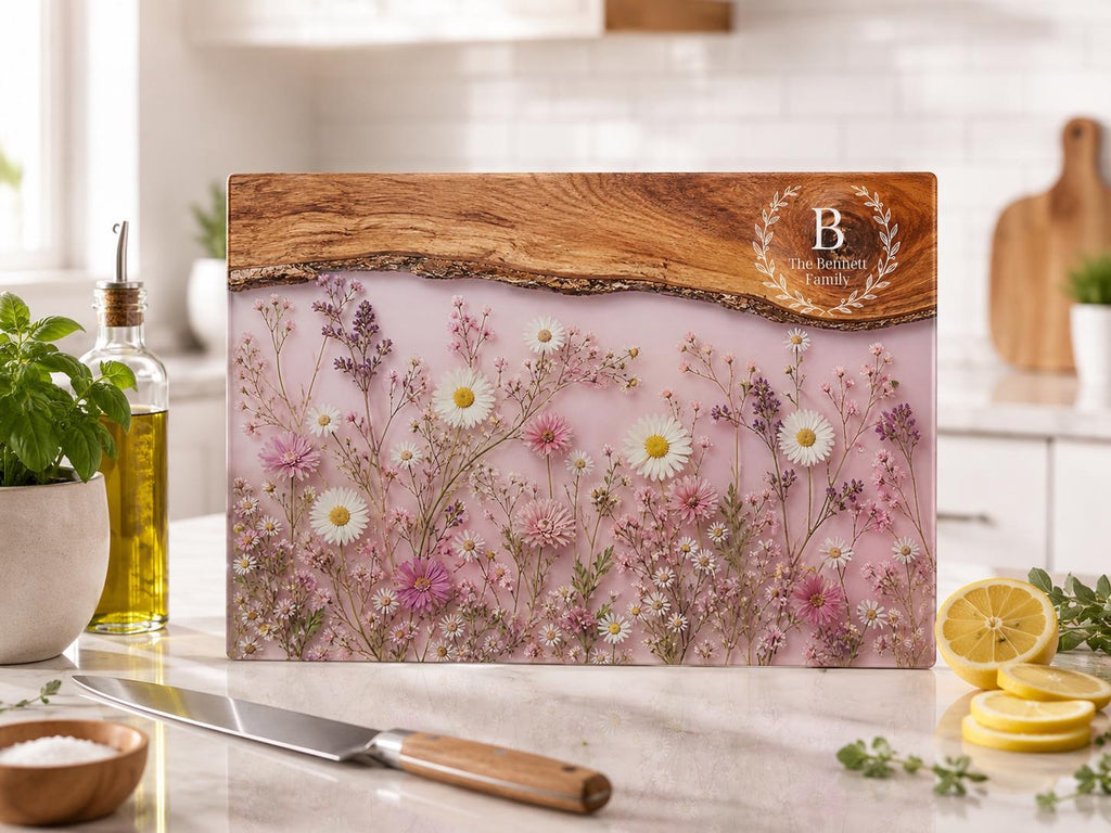 Personalized Family Monogram Serving Board, Pink Wildflower Glass Board, Custom Housewarming Gift