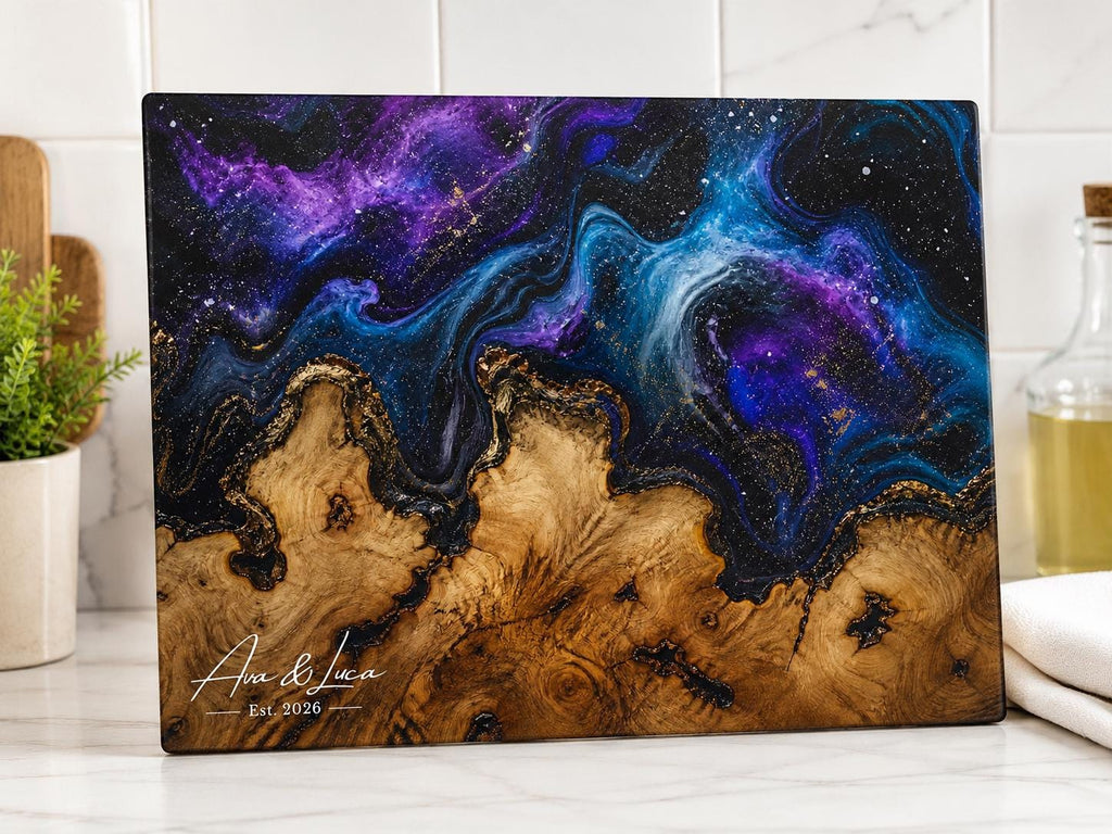 Custom Glass Cutting Board: Purple Geode Style - Personalized Names