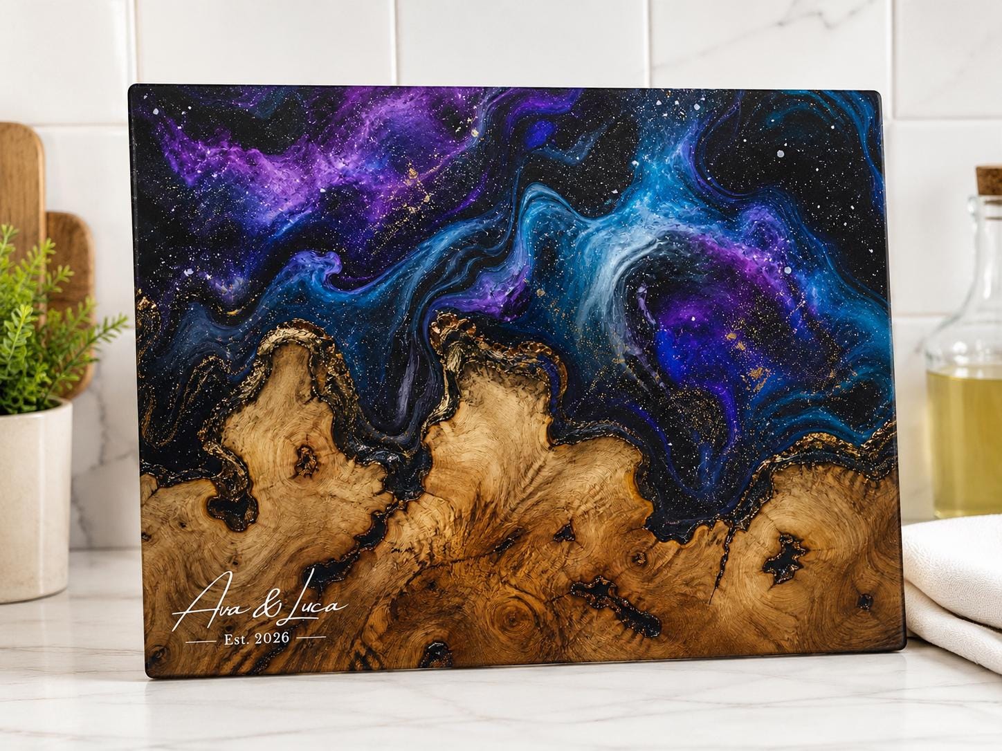 Custom Glass Cutting Board: Purple Geode Style - Personalized Names