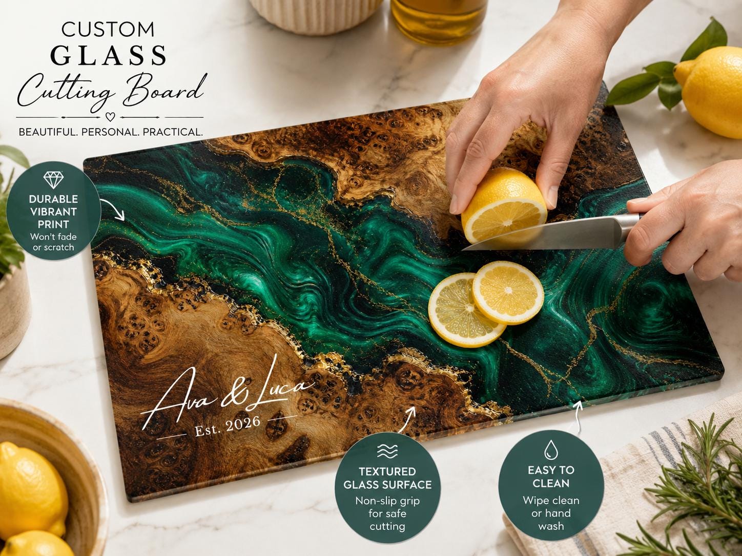 Personalized Green Chopping Board, Wood Grain Charcuterie Board, Wedding Gift Idea