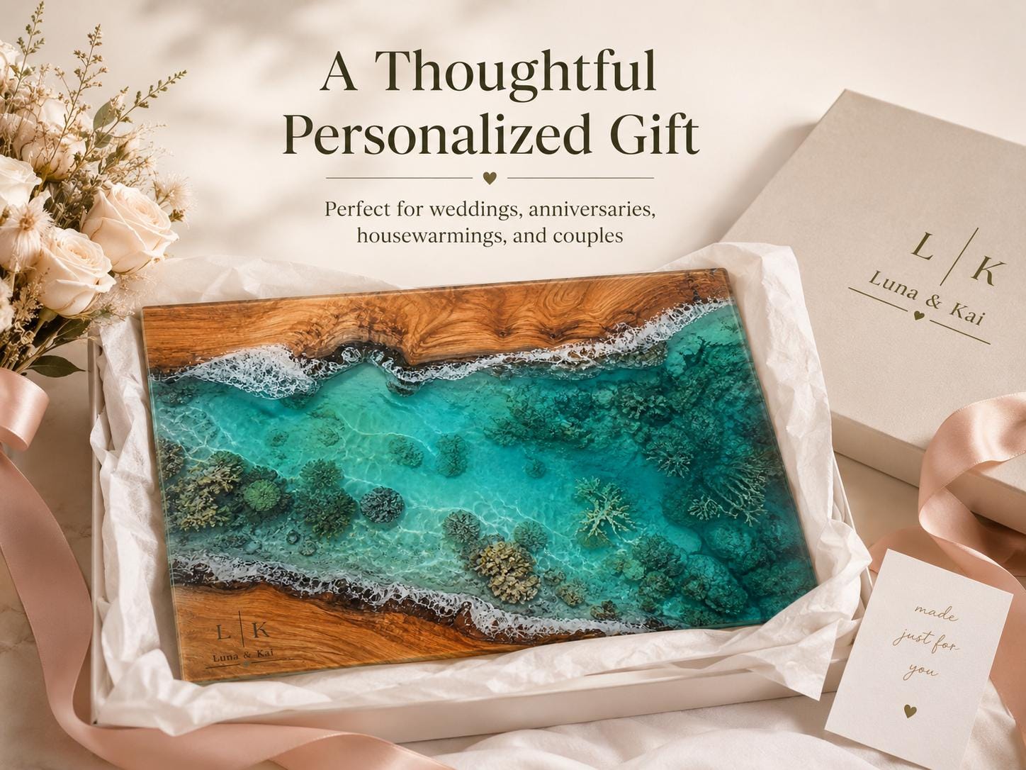 Personalized Glass Cutting Board: Blue Resin Look, Custom Names