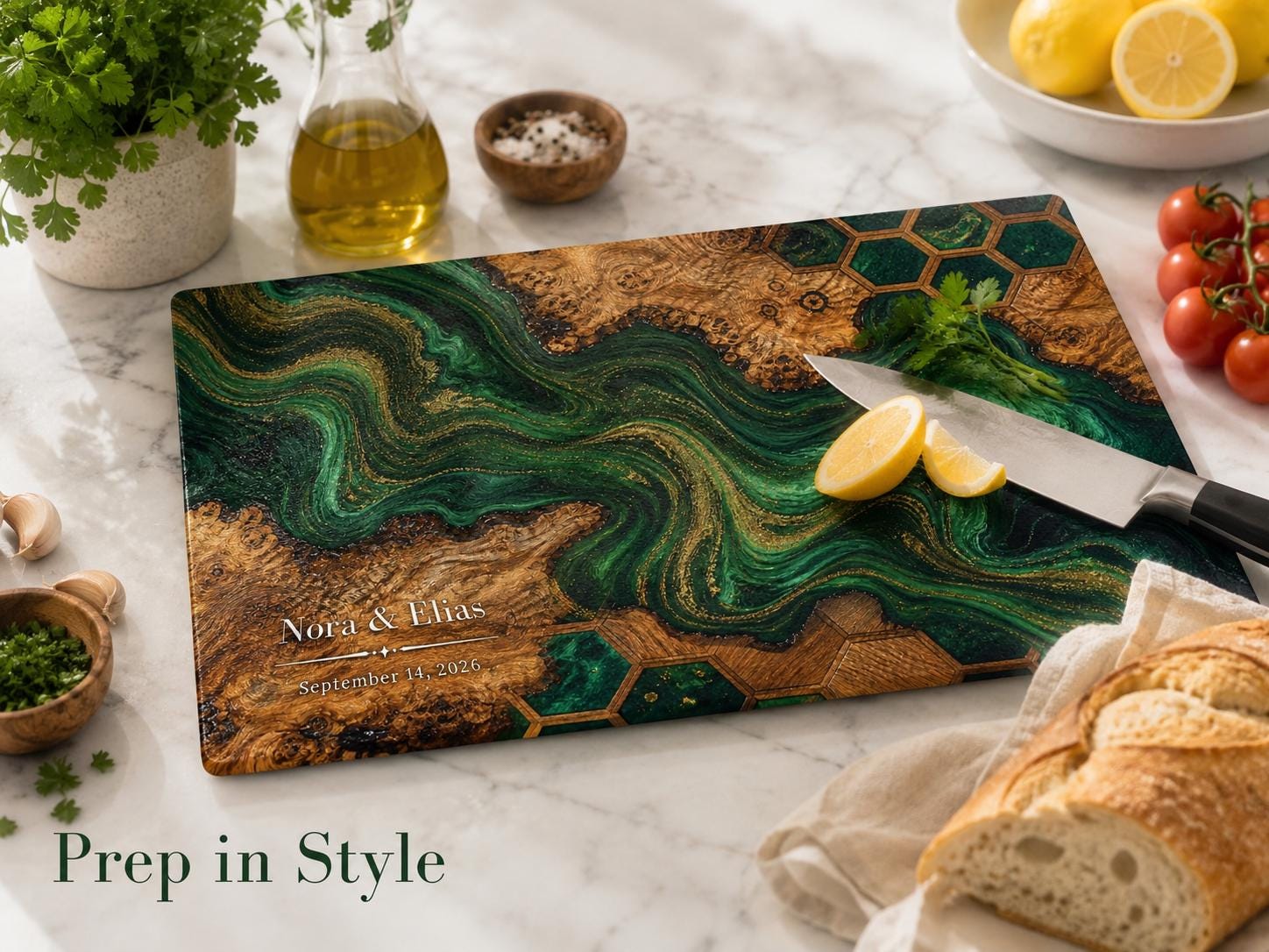 Custom Glass Cutting Board: Purple Geode Style - Personalized Names
