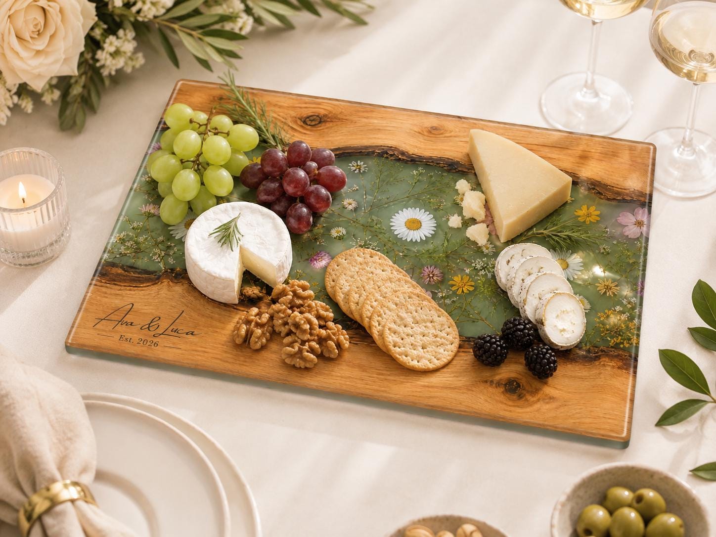 Custom Glass Cutting Board - Blue Resin Style with Gold Details