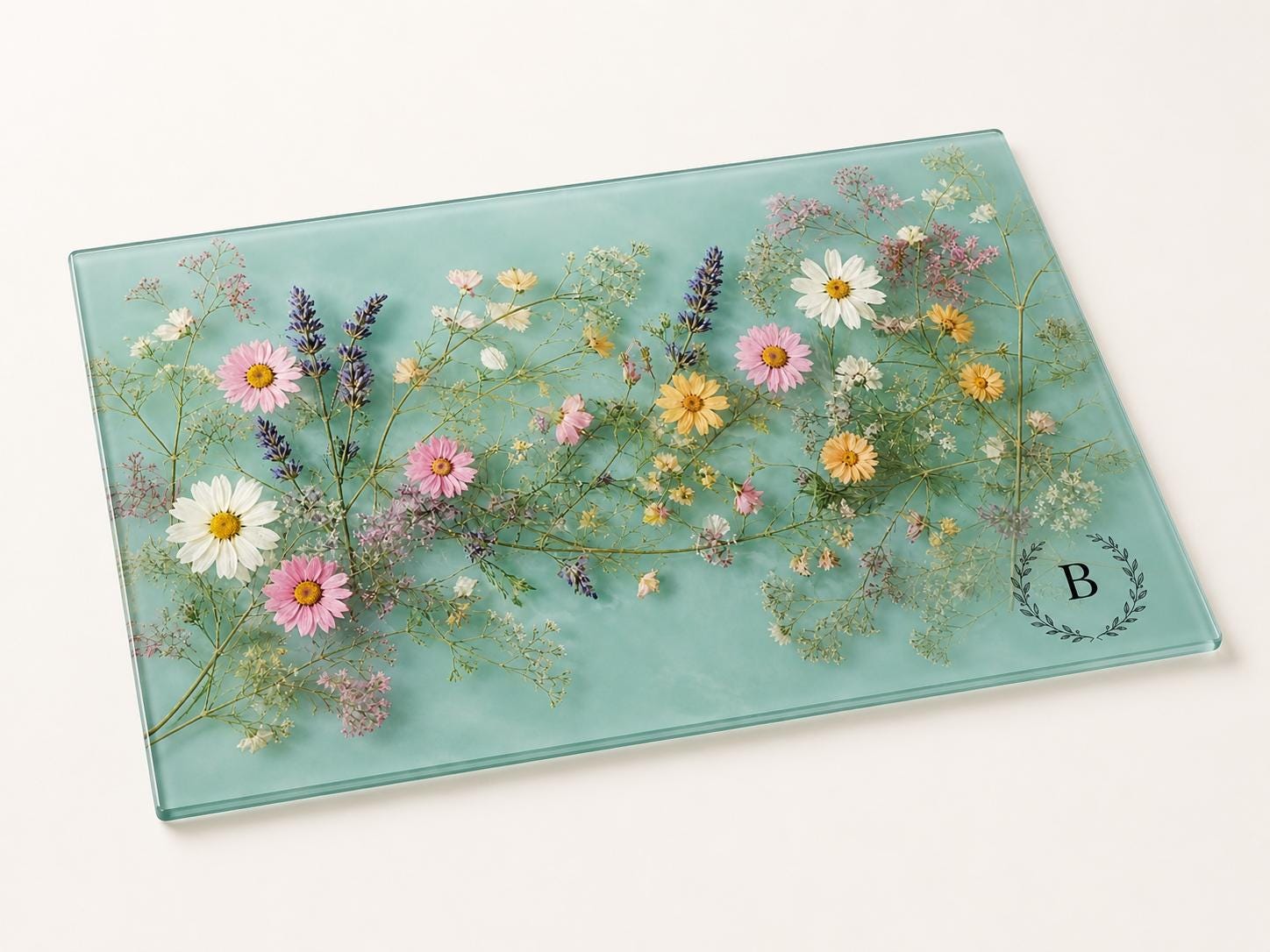 Personalized Glass Cutting Board: Blue Resin Look with Gold Accents
