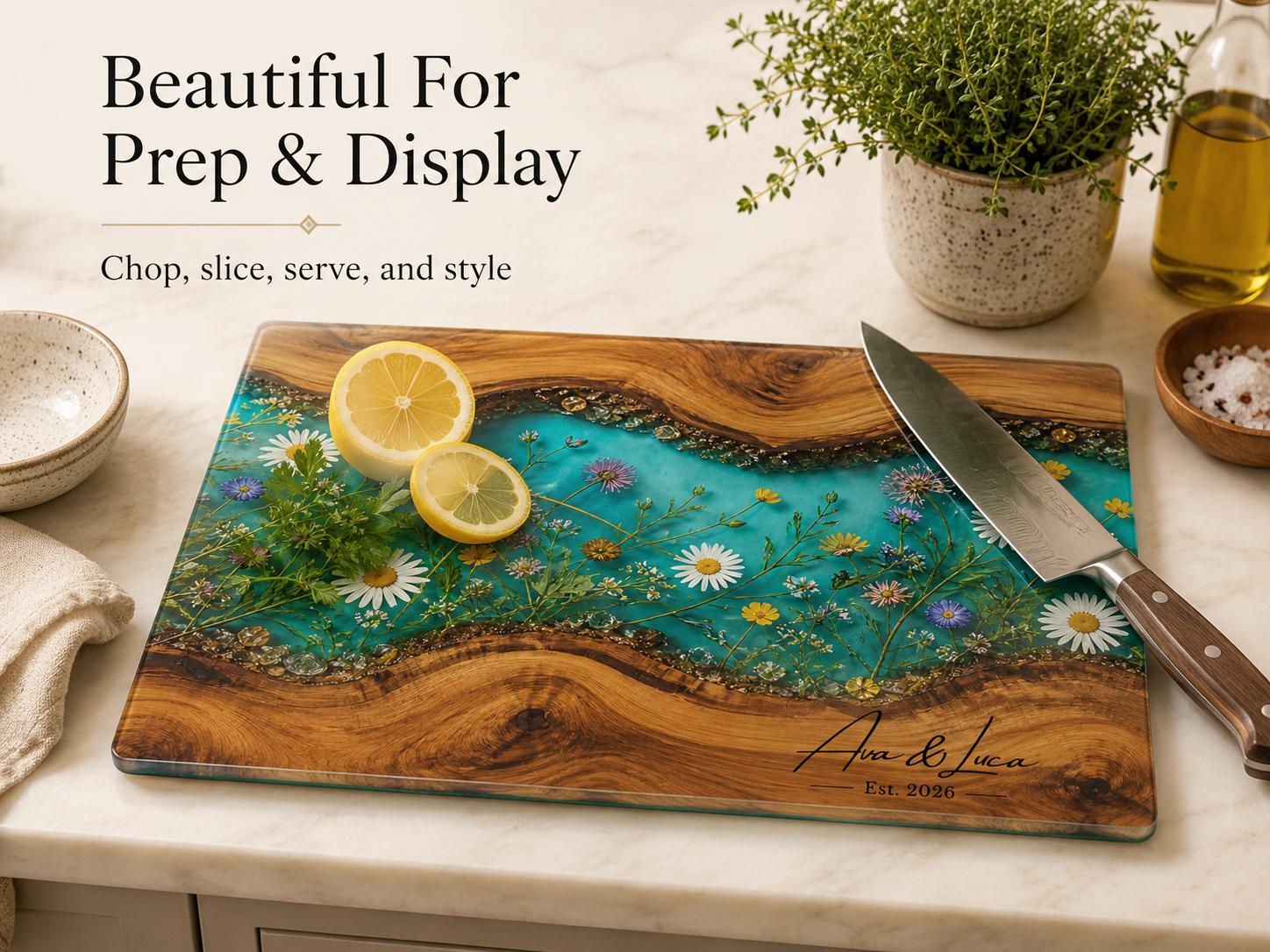 Personalized Turquoise Floral Glass Board, Custom Couple Cutting Board, Wildflower Kitchen Gift