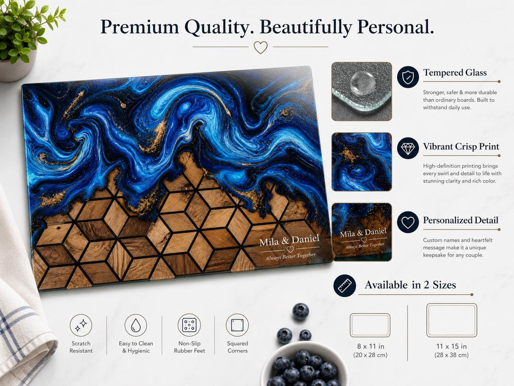 Custom Glass Cutting Board: Blue Resin Style - Names and Dates Included
