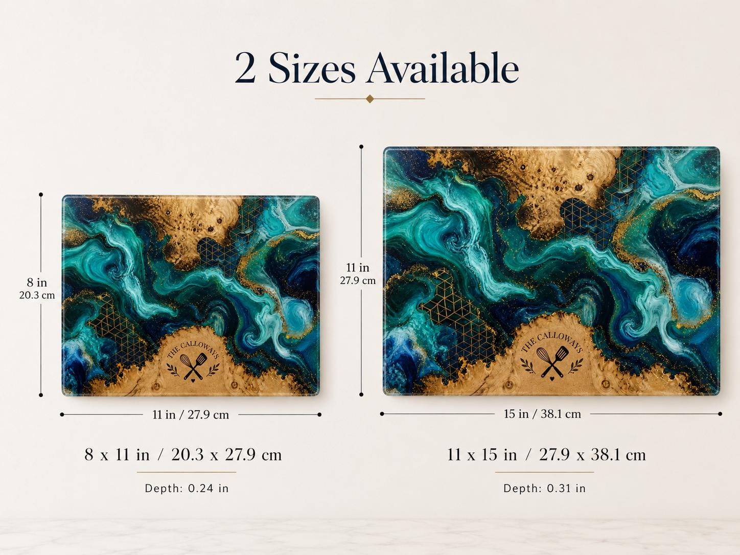 Personalized Glass Cutting Board - Blue Resin Style with Gold Details