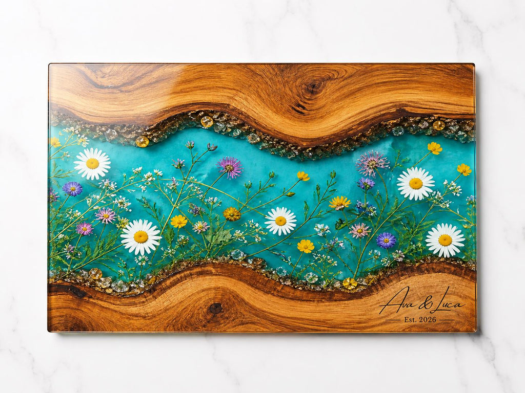 Personalized Turquoise Floral Glass Board, Custom Couple Cutting Board, Wildflower Kitchen Gift