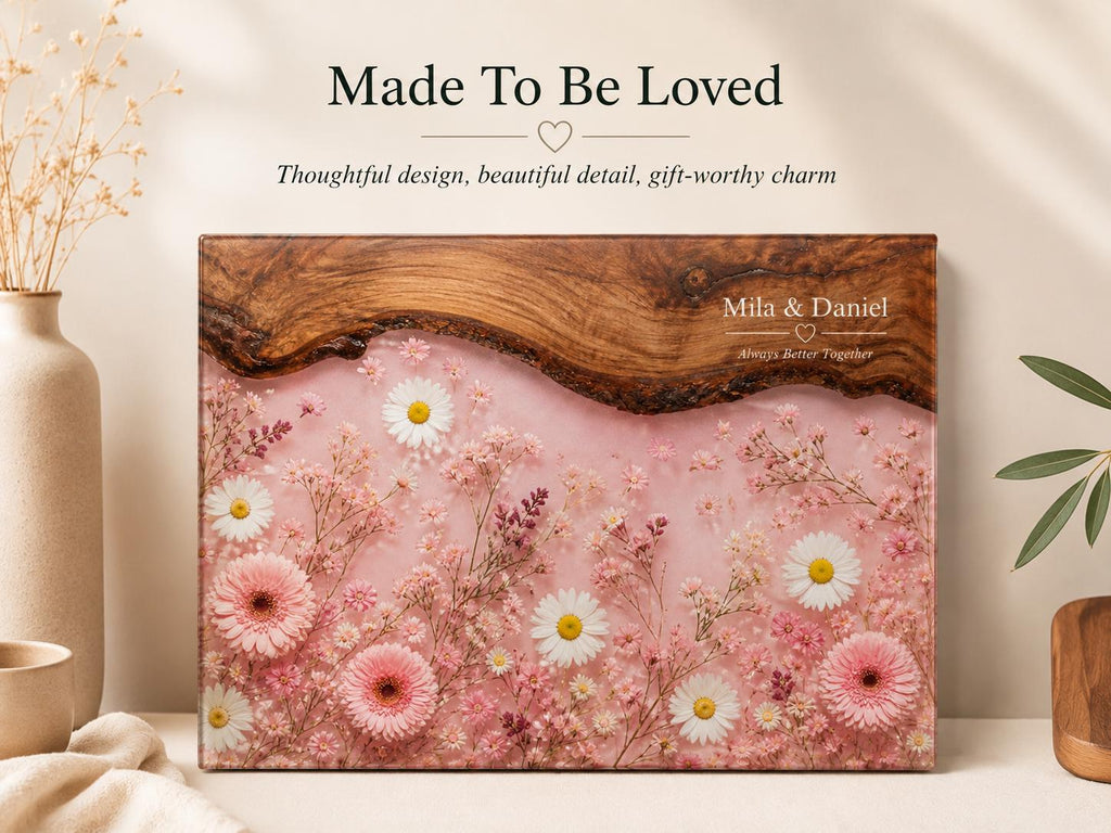 Personalized Pink Daisy Serving Board, Floral Glass Charcuterie Board, Custom Couple Wedding Gift