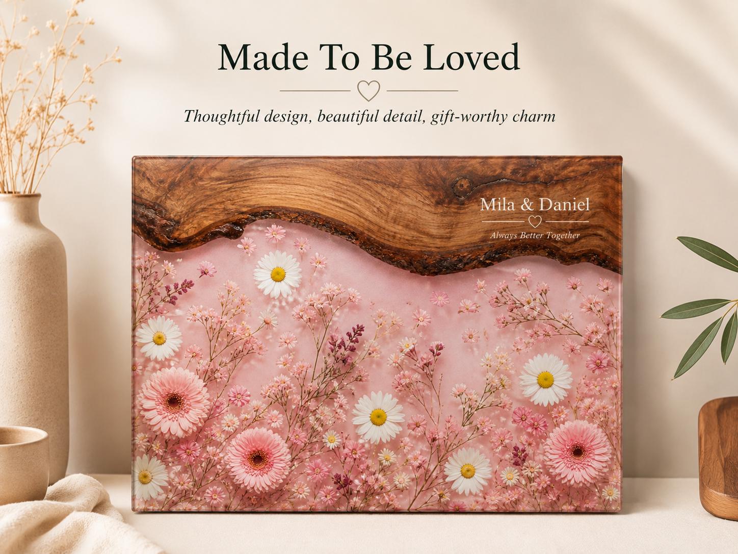 Personalized Pink Daisy Serving Board, Floral Glass Charcuterie Board, Custom Couple Wedding Gift
