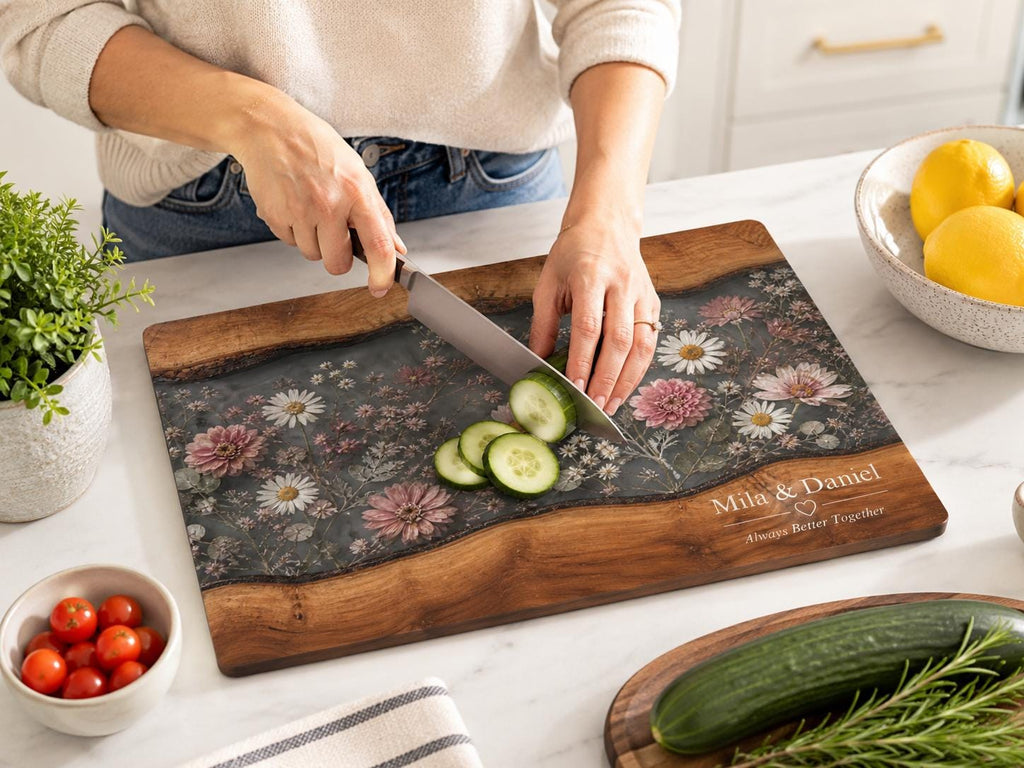 Personalized Floral Cutting Board, Dark Wildflower Glass Board, Custom Couple Kitchen Gift