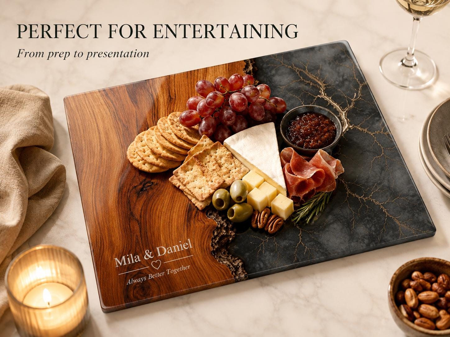 Personalized Cutting Board, Glass Gray Marble Chopping Board, Wedding Gift Idea