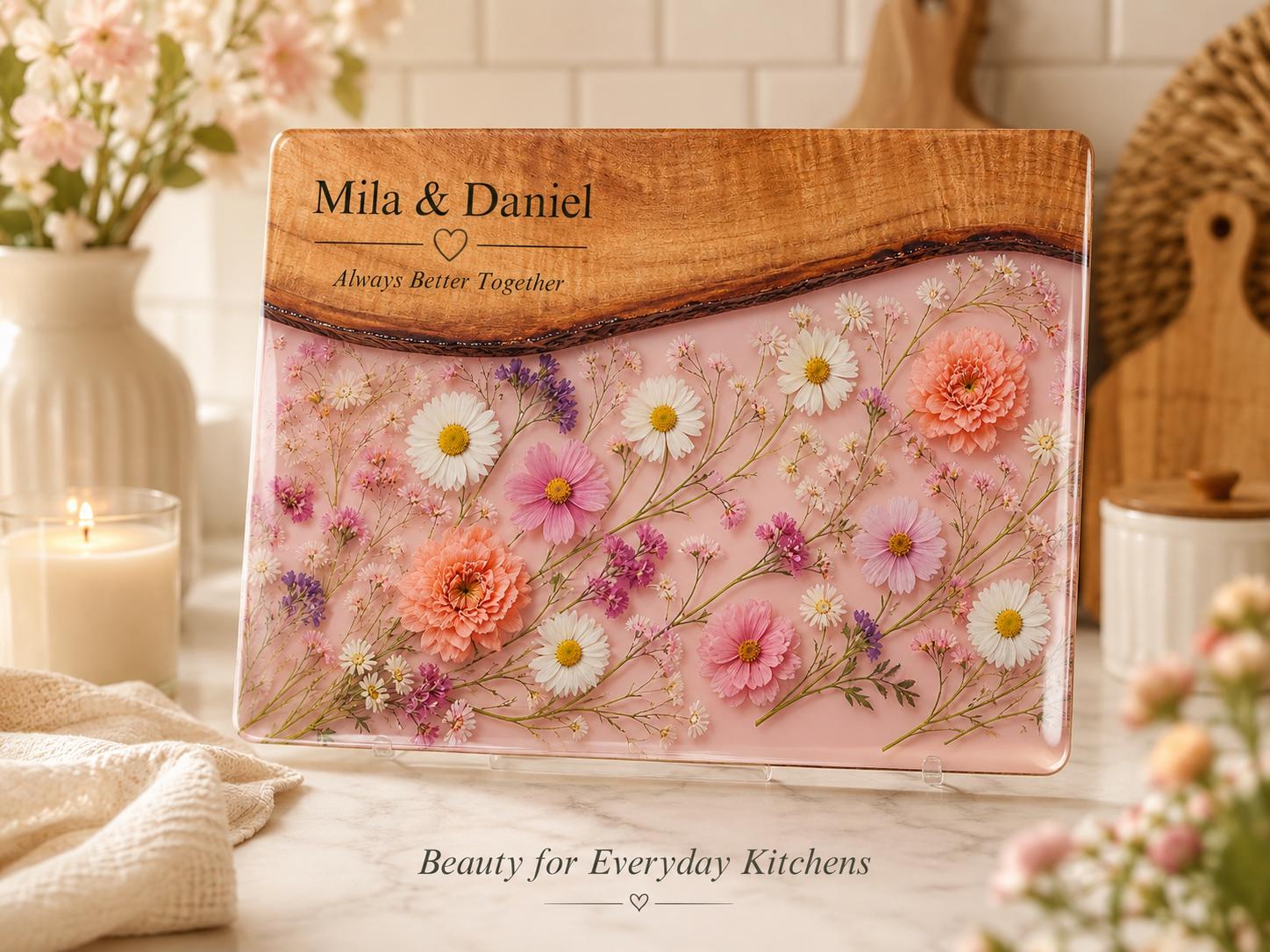 Personalized Floral Charcuterie Board, Pink Glass Serving Board, Custom Couple Cheese Board Gift