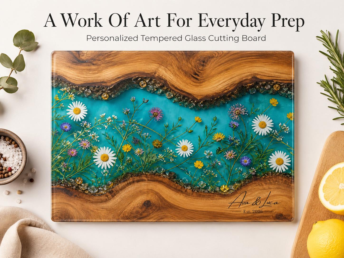 Personalized Turquoise Floral Glass Board, Custom Couple Cutting Board, Wildflower Kitchen Gift
