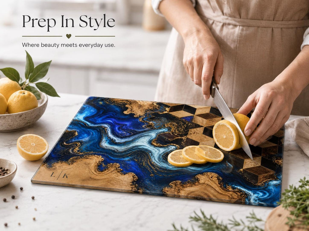 Personalized Glass Cutting Board, Blue Resin & Wood Design (8x11 or 11x15)