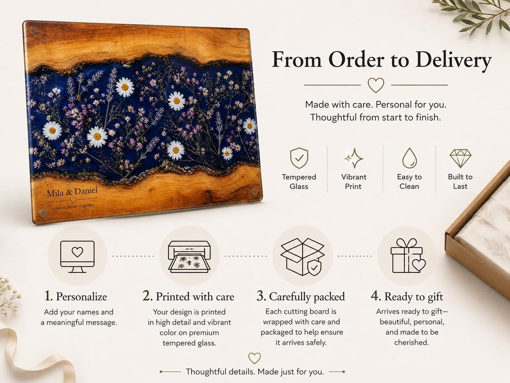 Personalized Glass Cutting Board: Blue Resin Look with Gold Accents