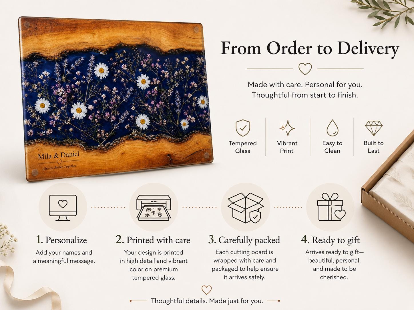 Personalized Glass Cutting Board: Blue Resin Look with Gold Accents