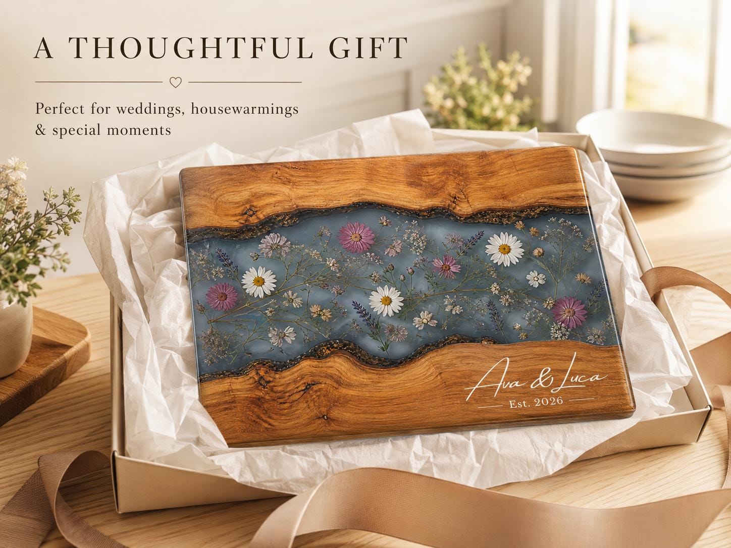 Personalized Cutting Board, Blue Floral Cheese Board, Custom Kitchen Gift