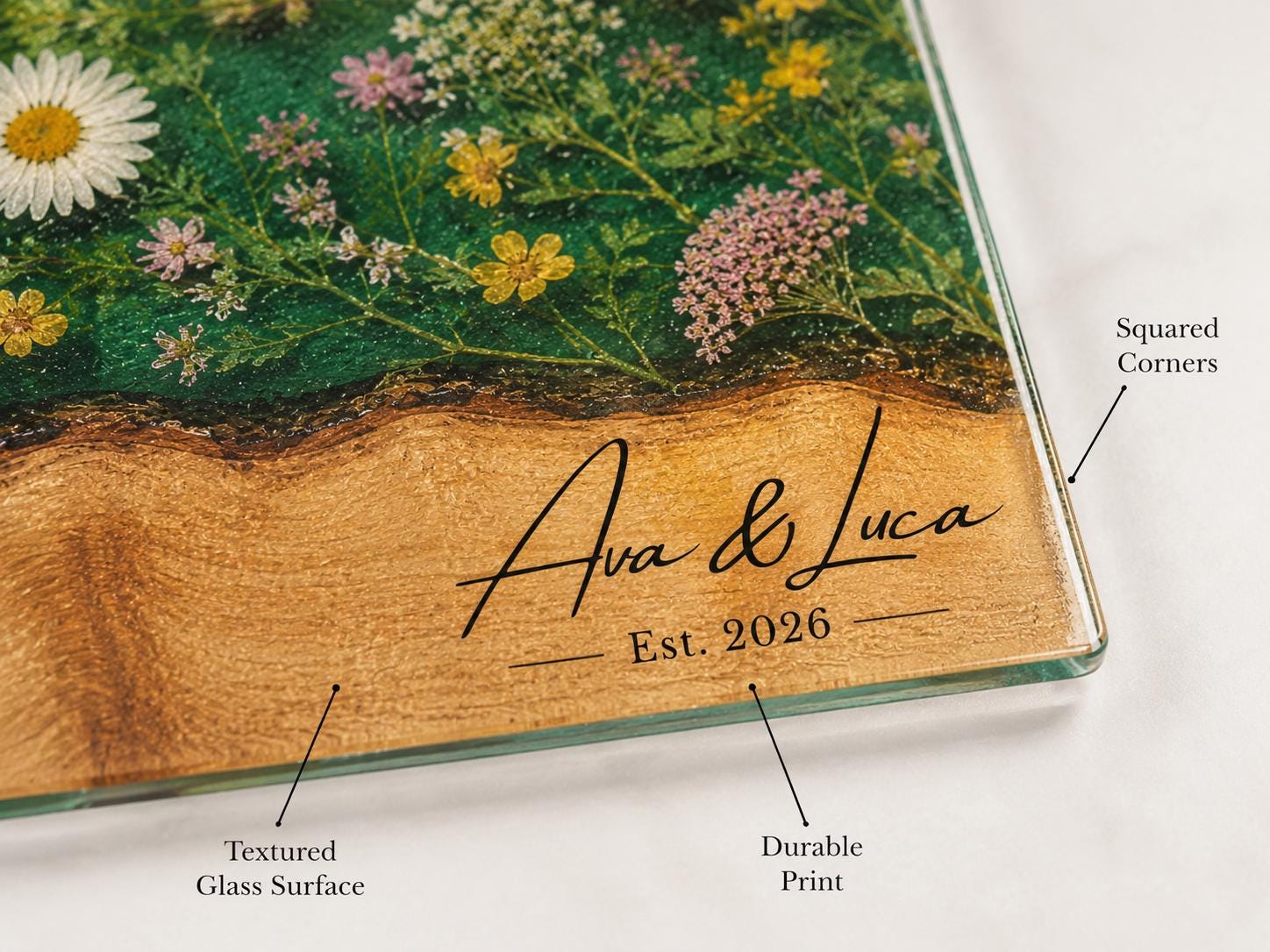Custom Glass Cutting Board: Blue Resin Style - Personalized Names Included