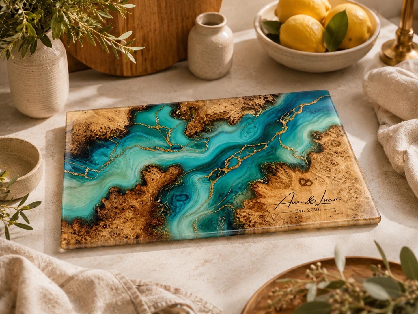 Custom Serving Board, Teal Gold Charcuterie Board, Personalized Kitchen Gift for Couple