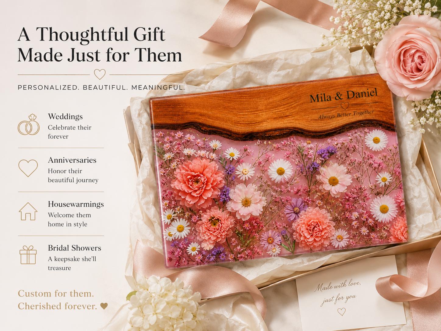 Personalized Glass Cutting Board, Pink Floral Tempered Glass Board, Custom Couple Wedding Gift