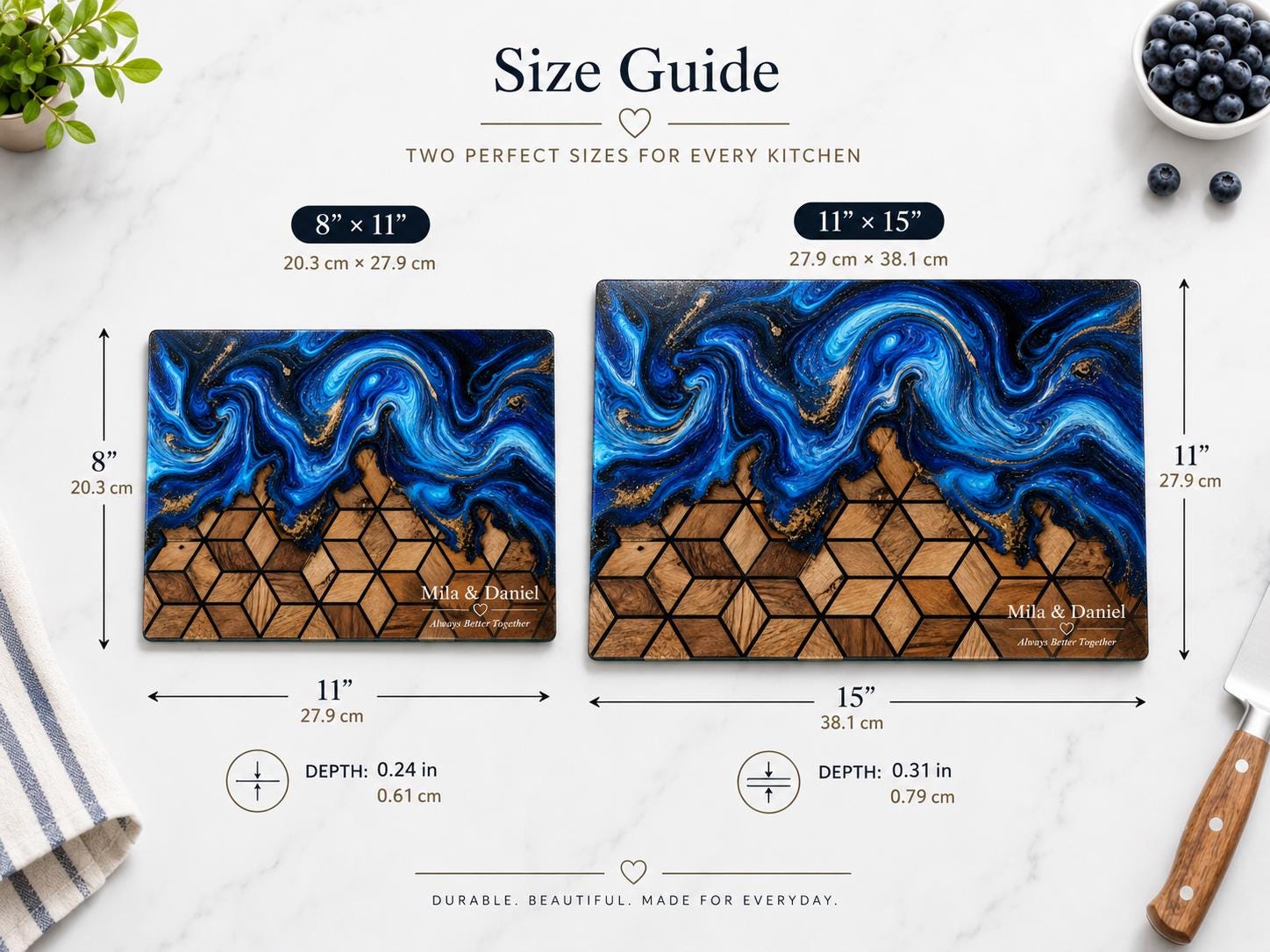 Custom Glass Cutting Board: Blue Resin Style - Names and Dates Included