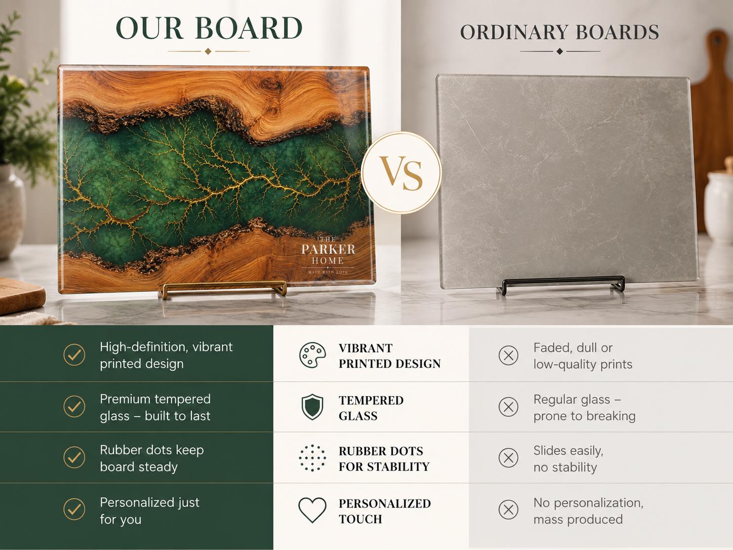 Personalized Emerald Geode Glass Board, Custom Family Kitchen Decor, Wood Look Housewarming Gift