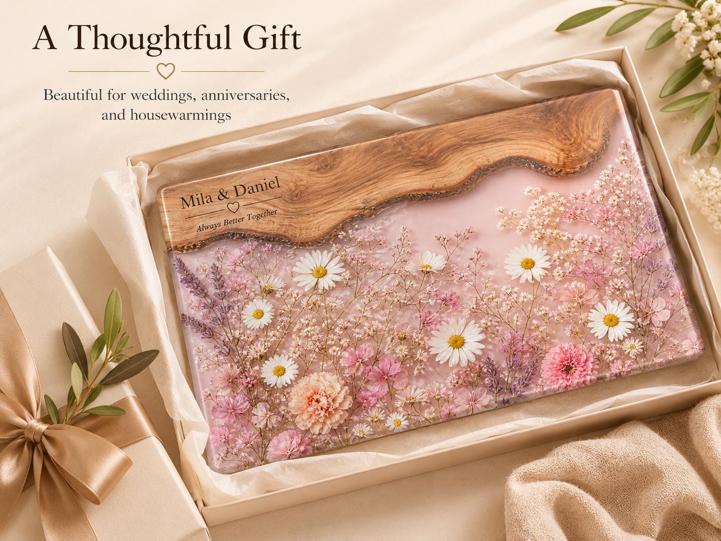 Personalized Chopping Board, Pink Floral Cheese Board, Bridal Shower Gift