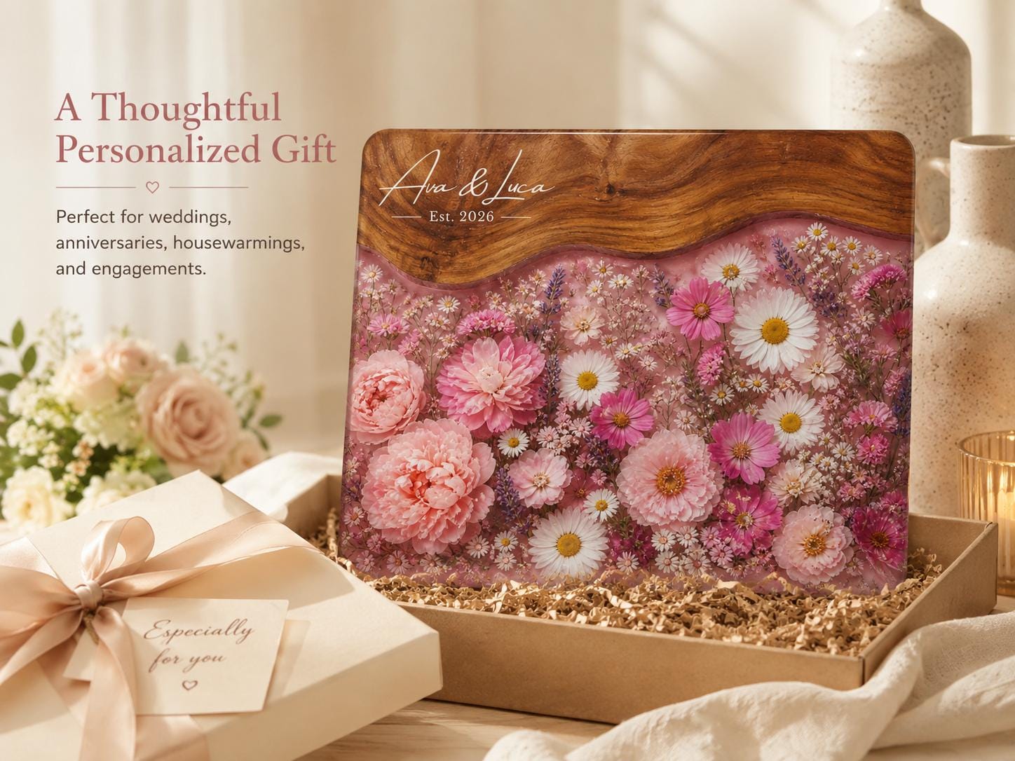 Personalized Floral Cutting Board, Pink Wildflower Glass Board, Custom Kitchen Gift