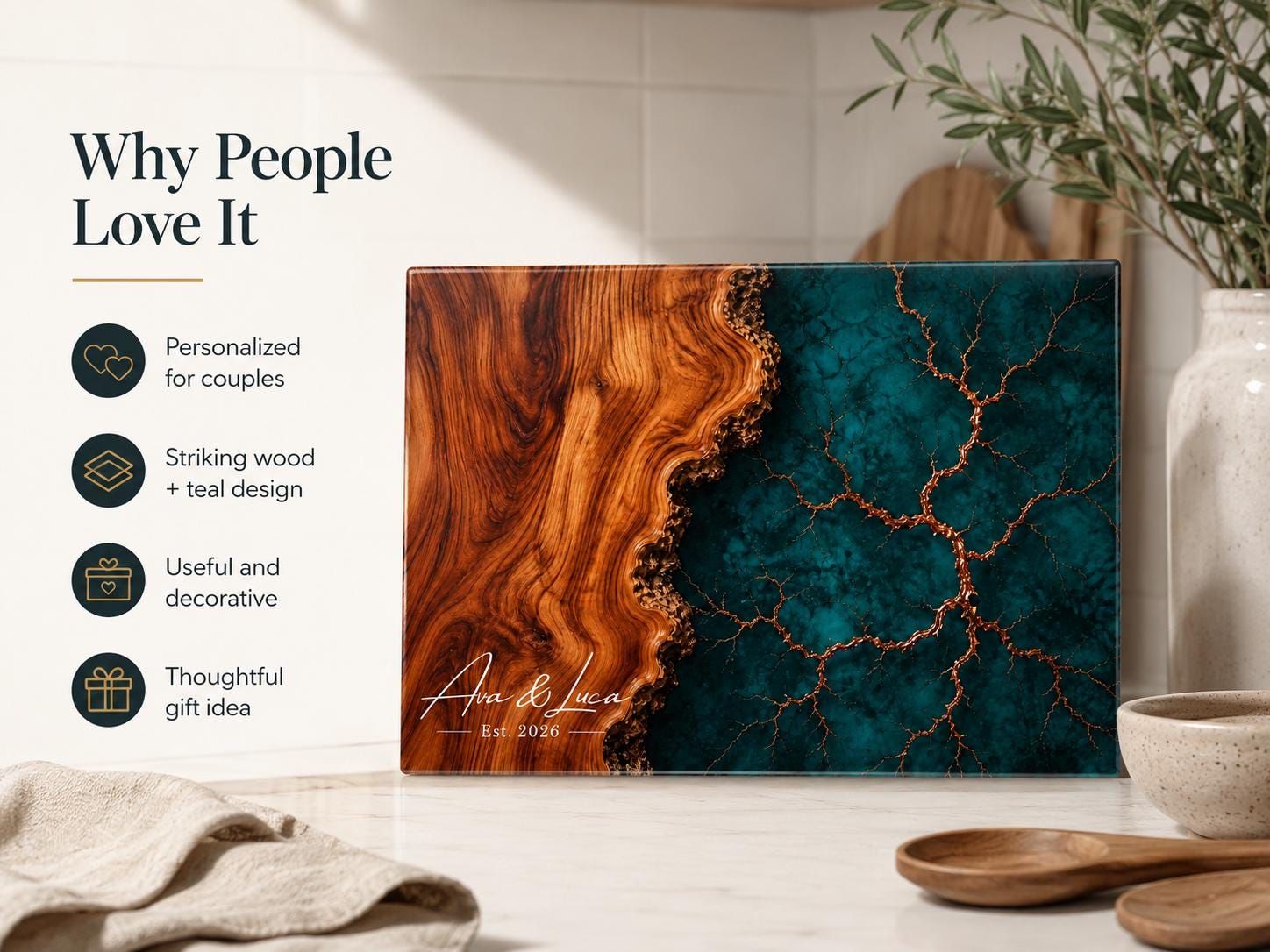 Personalized Charcuterie Board, Dark Teal Marble Glass Cutting Board, Custom Couple Gift