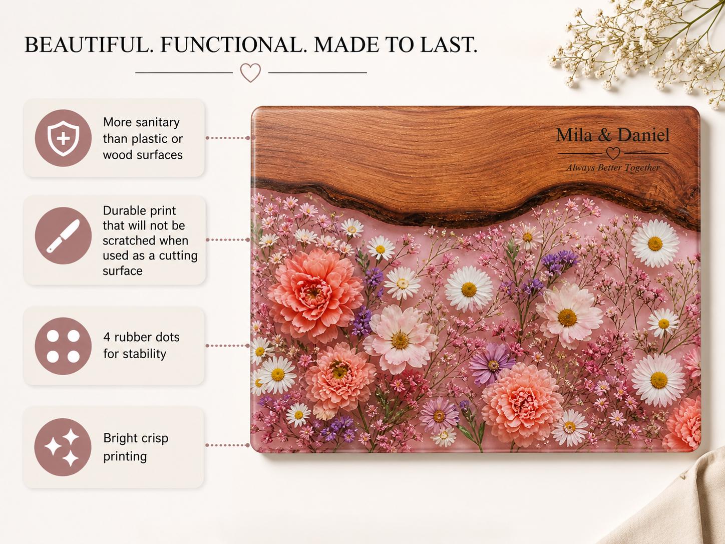 Personalized Glass Cutting Board, Pink Floral Tempered Glass Board, Custom Couple Wedding Gift