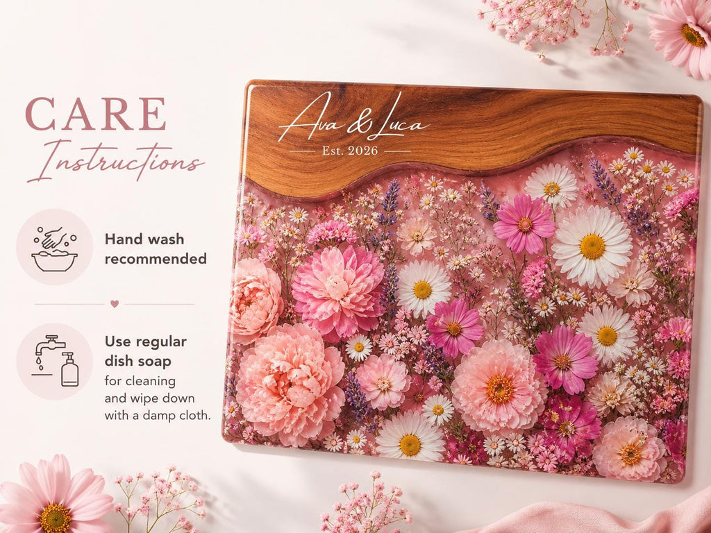 Personalized Floral Cutting Board, Pink Wildflower Glass Board, Custom Kitchen Gift