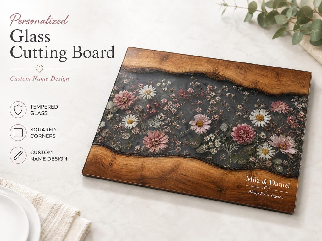 Personalized Floral Cutting Board, Dark Wildflower Glass Board, Custom Couple Kitchen Gift