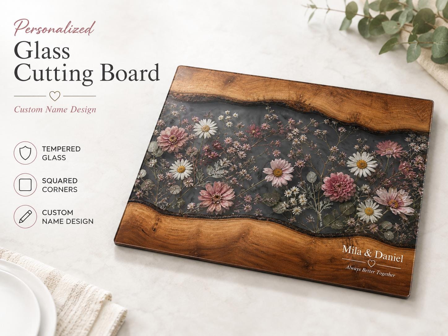 Personalized Floral Cutting Board, Dark Wildflower Glass Board, Custom Couple Kitchen Gift