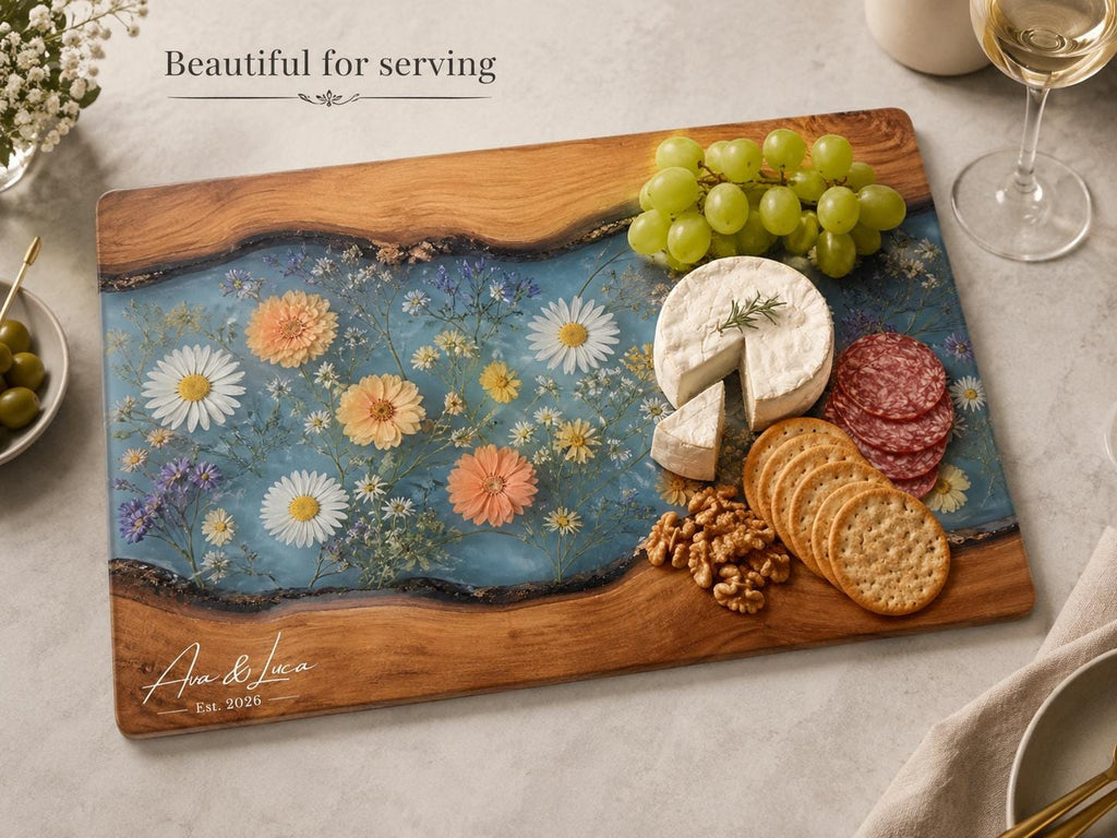 Personalized Floral Cutting Board, Botanical Charcuterie Board, Spring Kitchen Gift, Custom Couples Names Cutting Board