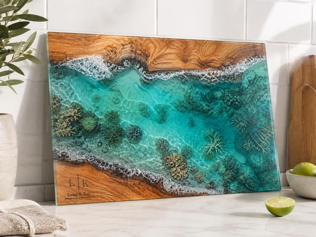 Personalized Glass Cutting Board: Blue Resin Look, Custom Names