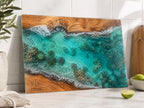Personalized Glass Cutting Board: Blue Resin Look, Custom Names