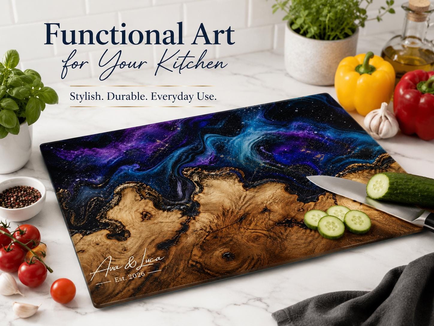 Custom Glass Cutting Board: Purple Geode Style - Personalized Names