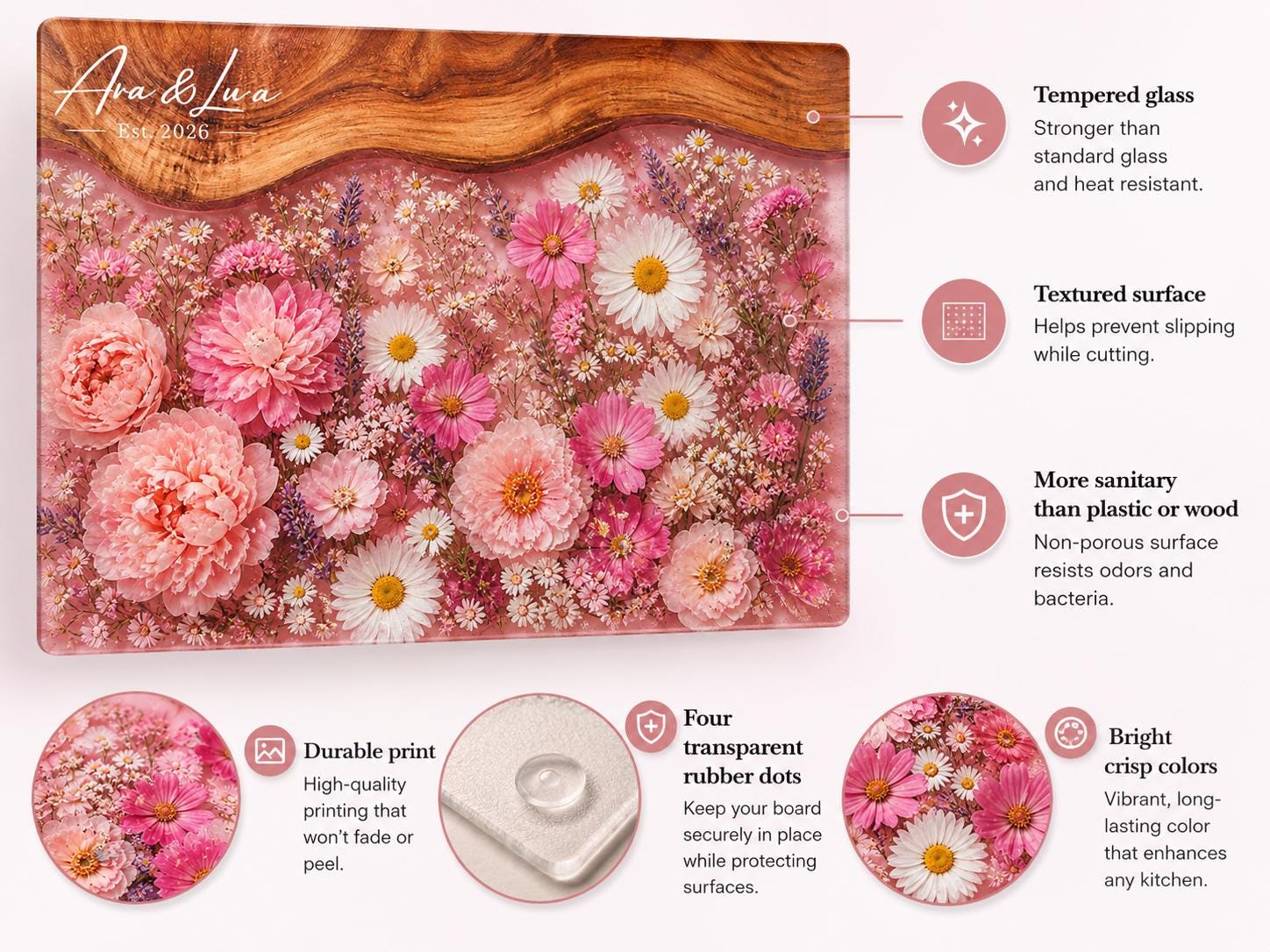 Personalized Floral Cutting Board, Pink Wildflower Glass Board, Custom Kitchen Gift