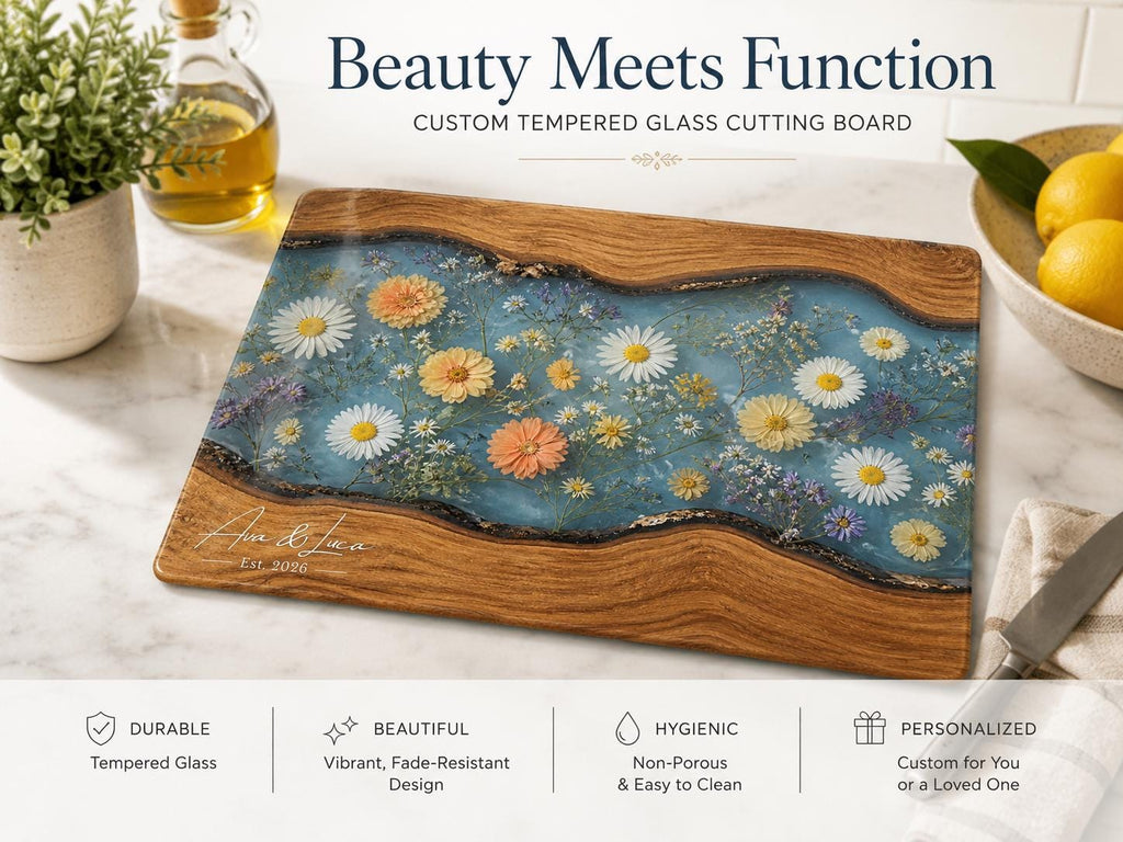 Personalized Floral Cutting Board, Botanical Charcuterie Board, Spring Kitchen Gift, Custom Couples Names Cutting Board