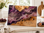 Personalized Glass Cutting Board, Purple Geode Kitchen Decor, Custom Couple Name Board, Wedding or Anniversary Gift