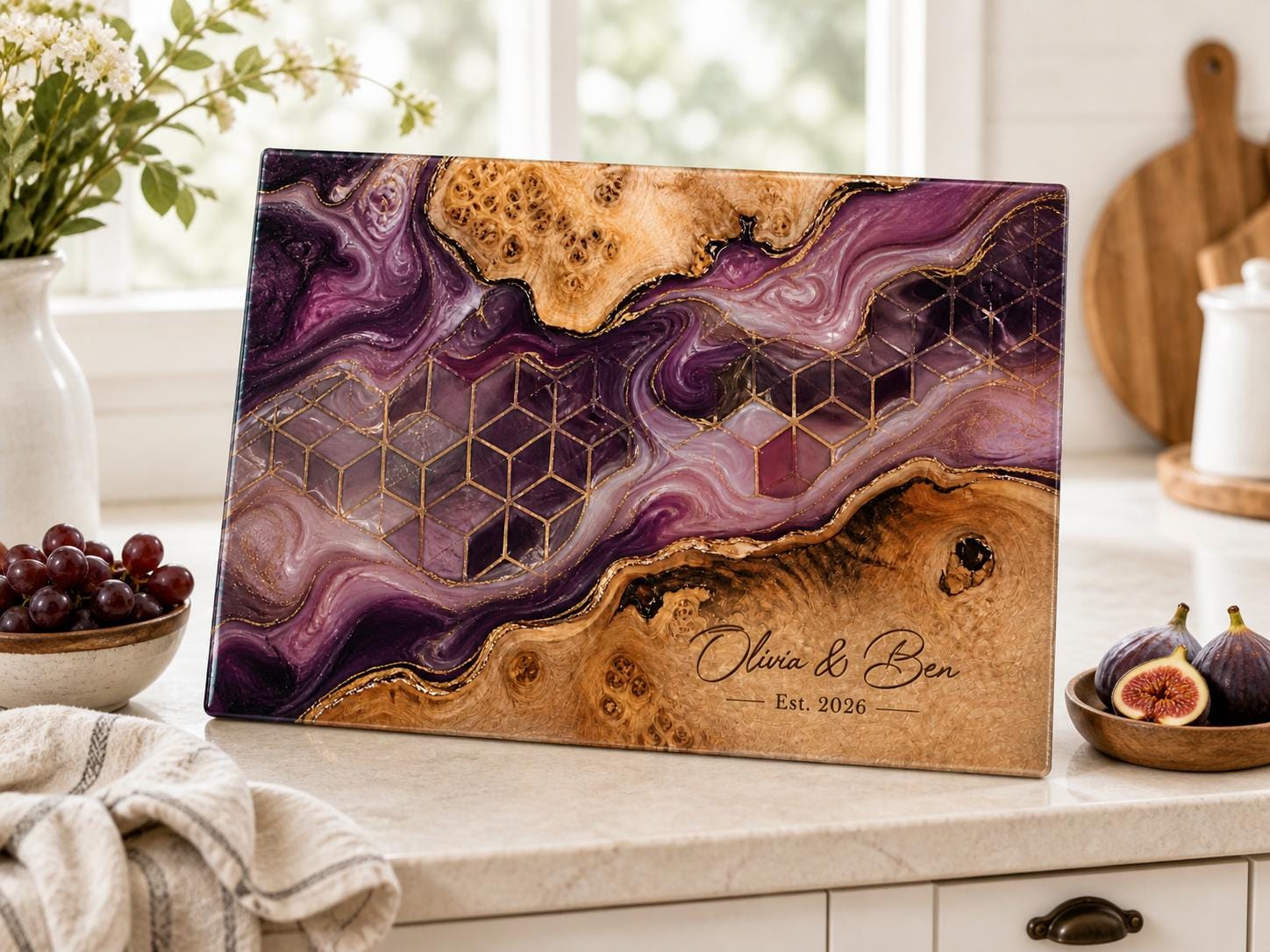 Personalized Glass Cutting Board, Purple Geode Kitchen Decor, Custom Couple Name Board, Wedding or Anniversary Gift