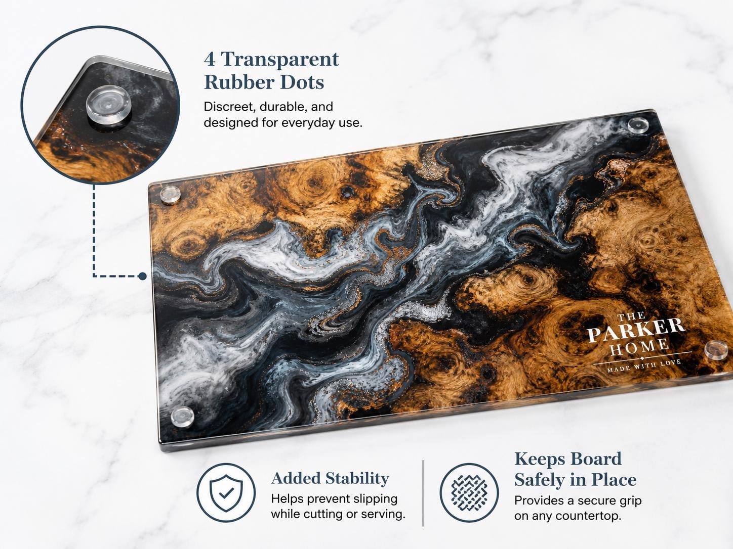 Personalized Glass Cutting Board: Blue Resin Look with Gold Accents