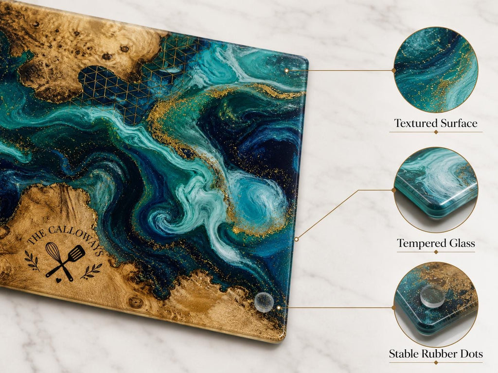 Personalized Glass Cutting Board - Blue Resin Style with Gold Details