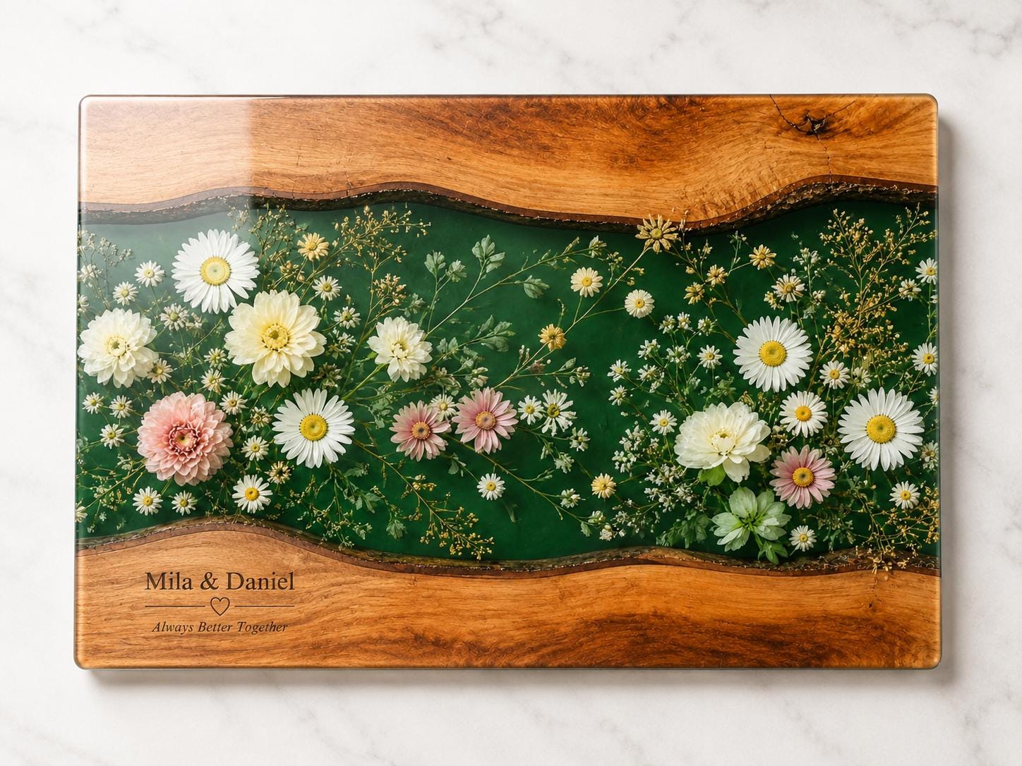 Personalized Floral Cutting Board, Green Daisy Glass Board, Custom Couple Kitchen Gift