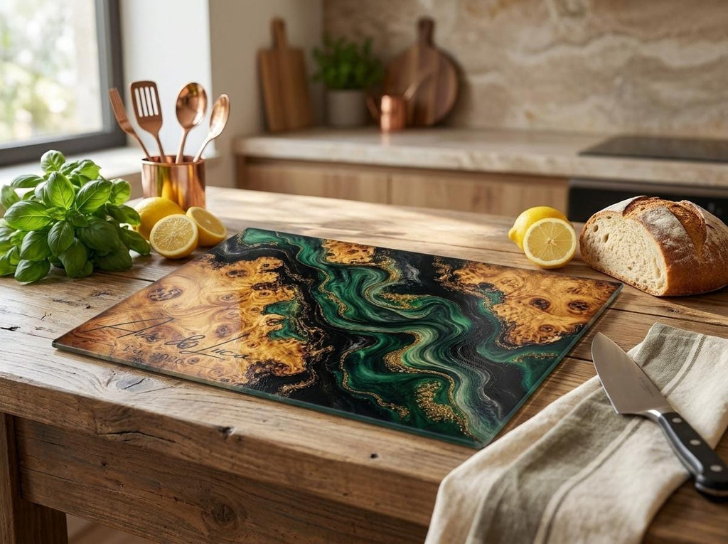 Personalized Green Geode Glass Cutting Board, Custom Couple Name Serving Tray