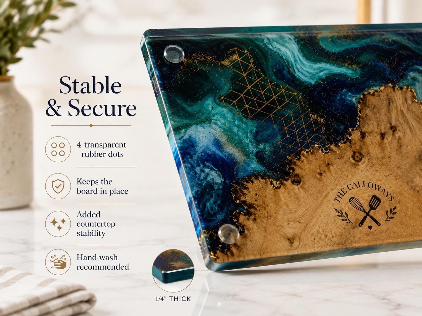 Personalized Glass Cutting Board - Blue Resin Style with Gold Details