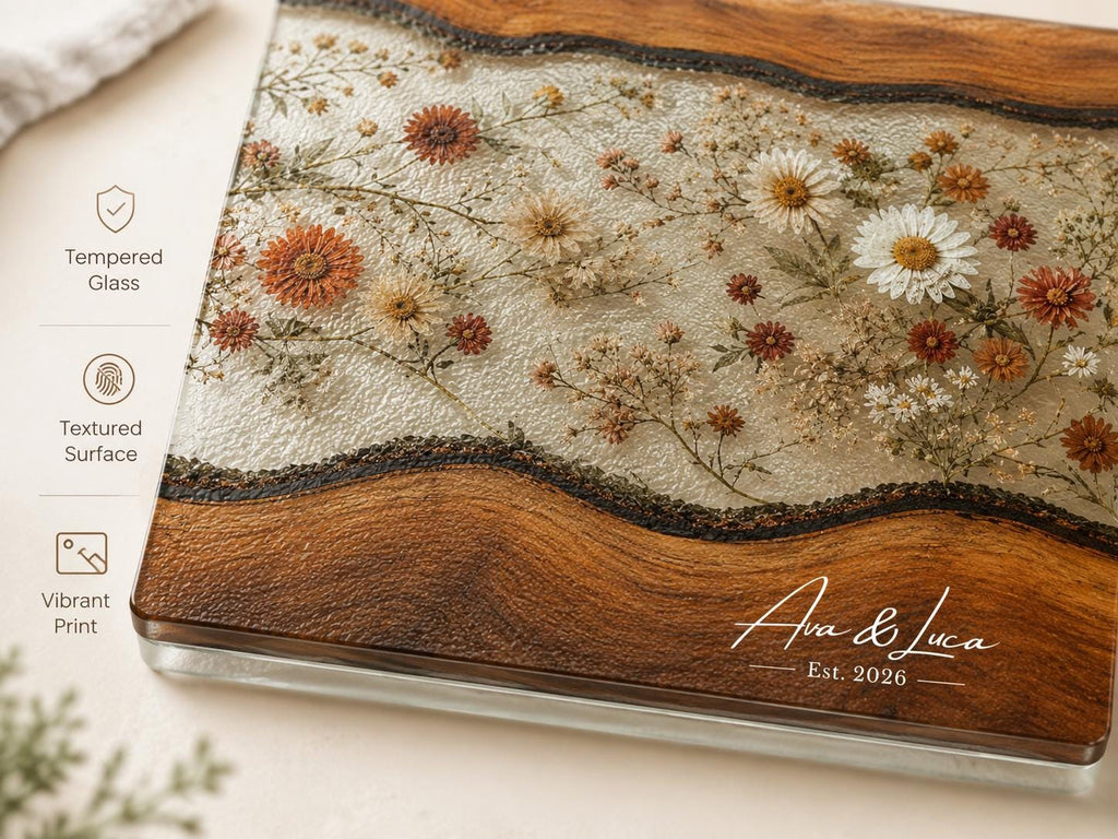 Personalized Floral Cutting Board, Custom Wood Chopping Board, Wildflower Charcuterie Board, Cheese Board Serving Tray