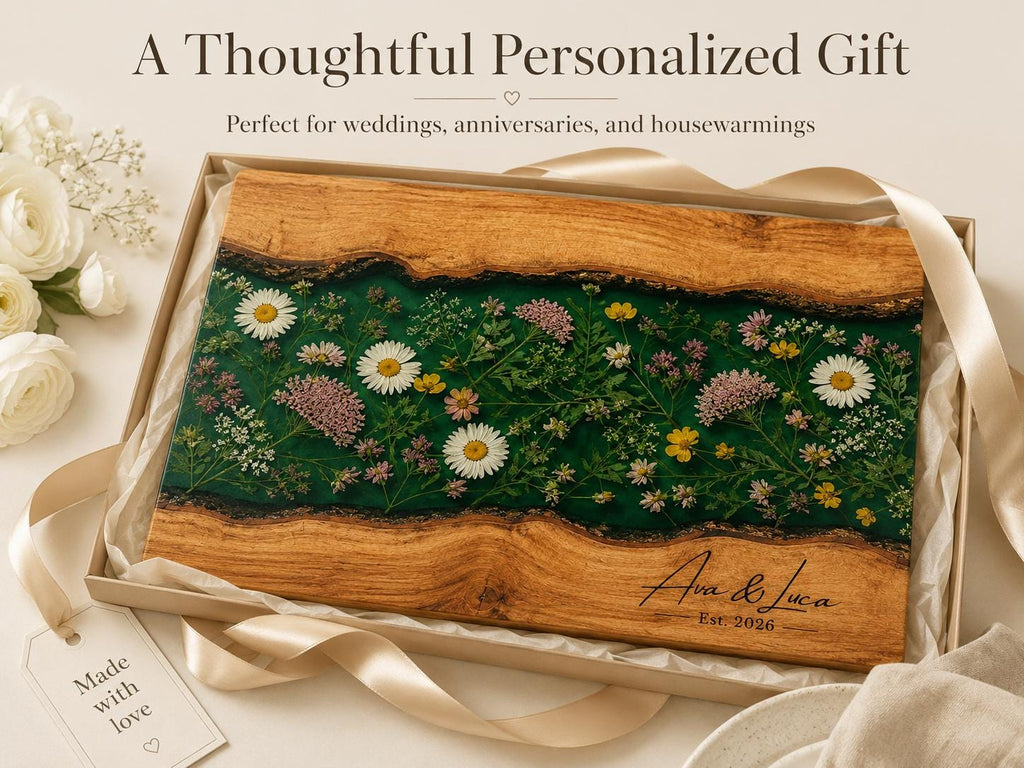 Custom Glass Cutting Board: Blue Resin Style - Personalized Names Included