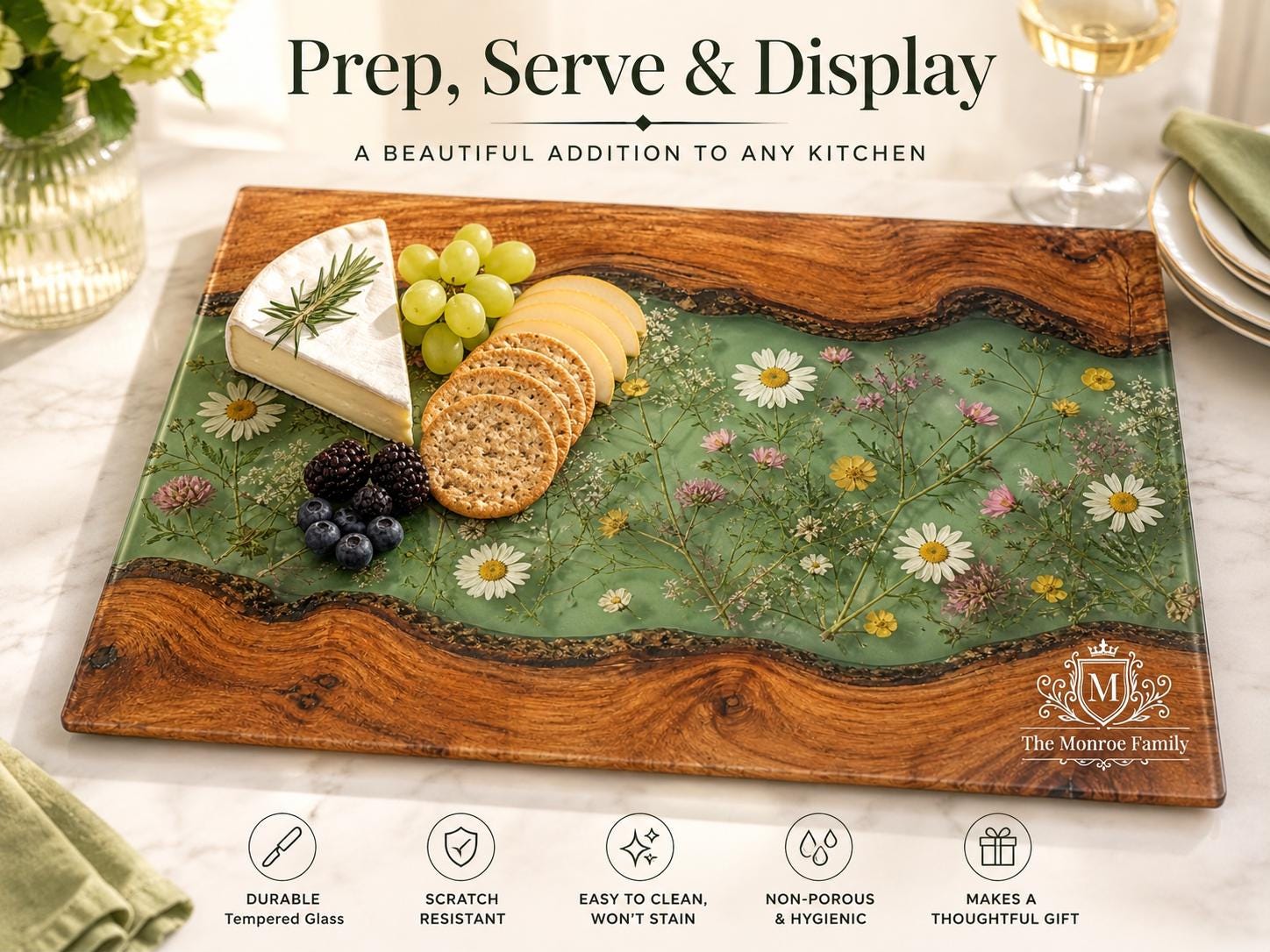 Personalized Cutting Board, Green Floral Chopping Board, Family Kitchen Gift